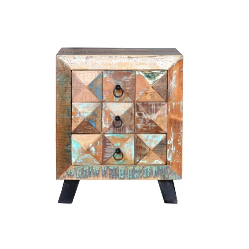 Mesita Noche Madera Reciclada 3 Cajones Patas Metal Colección Diamante Reciclado 50x40x60 Cm - Giner y Colomer (2)