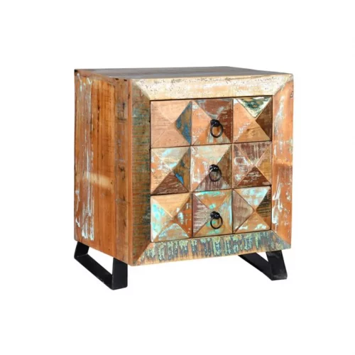 Mesita Noche Madera Reciclada 3 Cajones Patas Metal Colección Diamante Reciclado 50x40x60 Cm - Giner y Colomer (5)