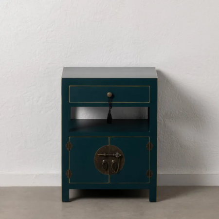 Mesita de Noche Azul de Madera DM Estilo Oriental 1 Cajón 2 Puertas - IXIA (1)