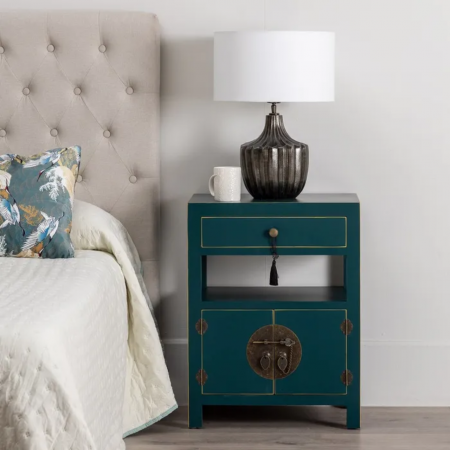 Mesita de Noche Azul de Madera DM Estilo Oriental 1 Cajón 2 Puertas - IXIA (12)