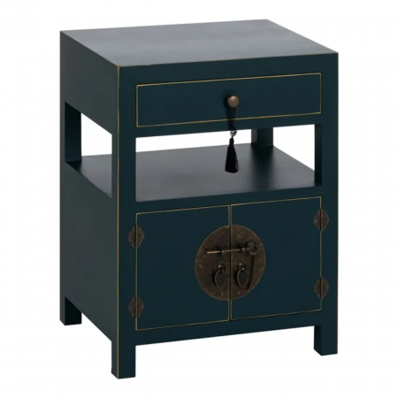 Mesita de Noche Azul de Madera DM Estilo Oriental 1 Cajón 2 Puertas - IXIA (2)