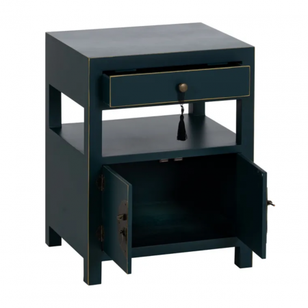 Mesita de Noche Azul de Madera DM Estilo Oriental 1 Cajón 2 Puertas - IXIA (3)