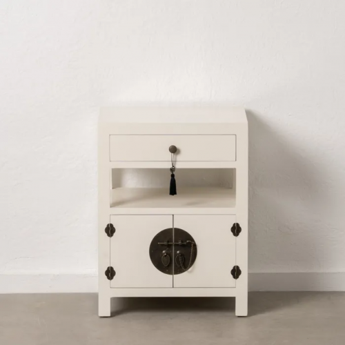 Mesita de Noche Blanco de Madera DM Estilo Oriente 1 Cajon 2 Puertas - IXIA (1)