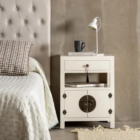 Mesita de Noche Blanco de Madera DM Estilo Oriente 1 Cajon 2 Puertas - IXIA (13)