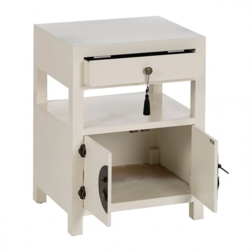 Mesita de Noche Blanco de Madera DM Estilo Oriente 1 Cajon 2 Puertas - IXIA (3)