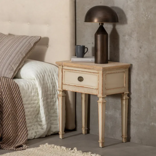 Mesita de Noche Natural-Crema de Madera de Abeto 1 Cajón - IXIA (12)