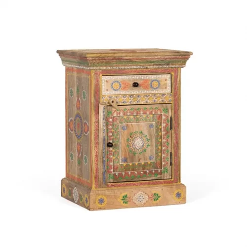 Mesita de Noche de Madera de Mango 1 Cajón 1 Puerta Pintado Artesanal - Giner y Colomer (1)