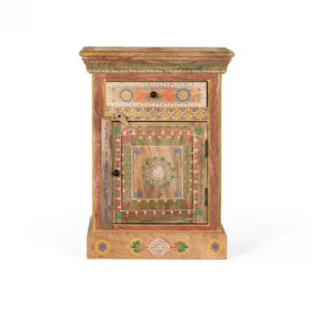 Mesita de Noche de Madera de Mango 1 Cajón 1 Puerta Pintado Artesanal - Giner y Colomer (2)