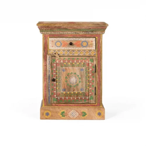 Mesita de Noche de Madera de Mango 1 Cajón 1 Puerta Pintado Artesanal - Giner y Colomer (2)