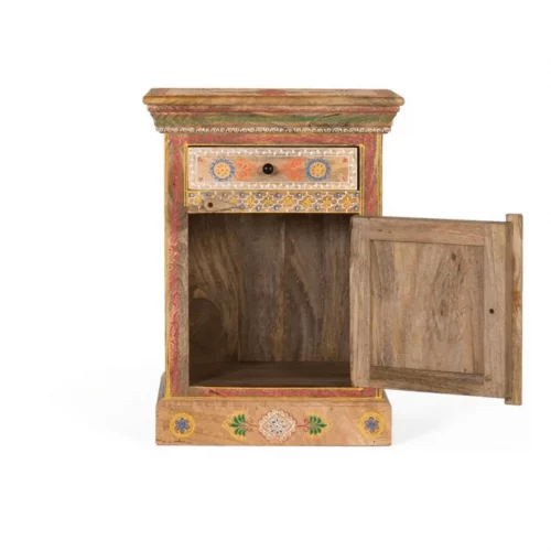 Mesita de Noche de Madera de Mango 1 Cajón 1 Puerta Pintado Artesanal - Giner y Colomer (4)