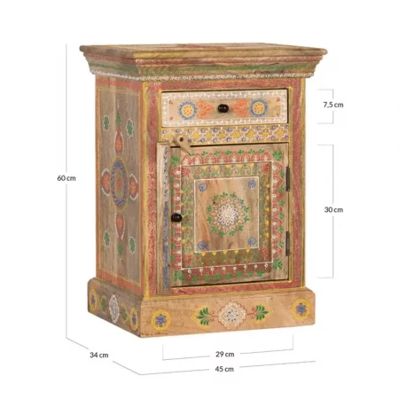 Mesita de Noche de Madera de Mango 1 Cajón 1 Puerta Pintado Artesanal - Giner y Colomer (7)