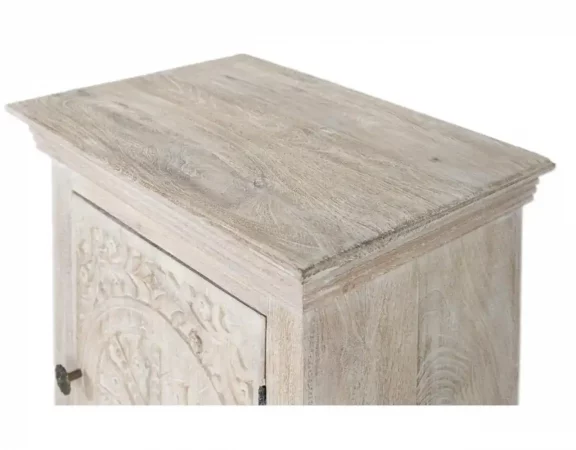 Mesita de Noche de Madera de Mango con Puerta Tallada a Mano - Diseño Artesanal y Acabado en Arena 70x56x40cm-MOVIL (2)