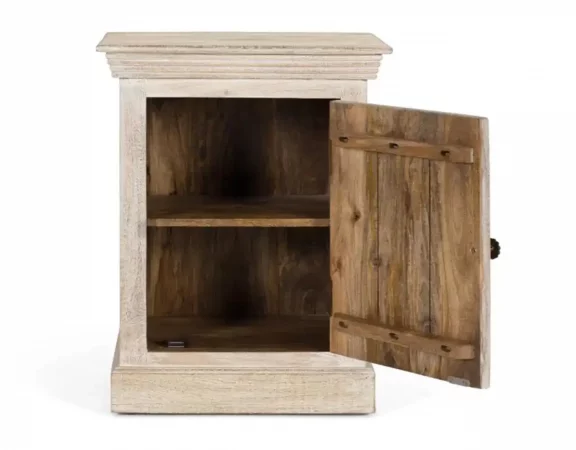 Mesita de Noche de Madera de Mango con Puerta Tallada a Mano - Diseño Artesanal y Acabado en Arena 70x56x40cm-MOVIL (4)
