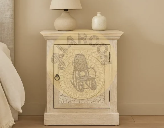 Mesita de Noche de Madera de Mango con Puerta Tallada a Mano - Diseño Artesanal y Acabado en Arena 70x56x40cm-MOVIL (6)