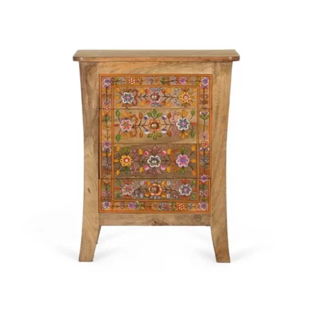 Mesita de Noche en Madera de Mango con Detalles Floreados con 4 Cajones - Giner y Colomer (1)