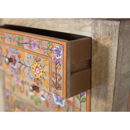 Mesita de Noche en Madera de Mango con Detalles Floreados con 4 Cajones - Giner y Colomer (4)