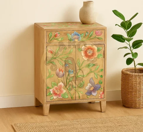 Mesita de noche de madera de mango tallada y pintada a mano – Diseño floral artesanal multicolor con cajón funcional (60x42x31 cm)-movil (4)