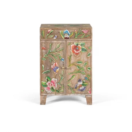 Mesita de noche de madera de mango tallada y pintada a mano – Diseño floral artesanal multicolor con cajón funcional (60x42x31 cm)-pc (1)