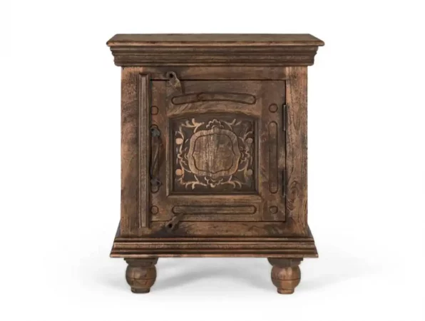 Mesita de noche rústica de madera maciza de mango con talla floral y puerta frontal – 66x55x40 cm-MOVIL (1)