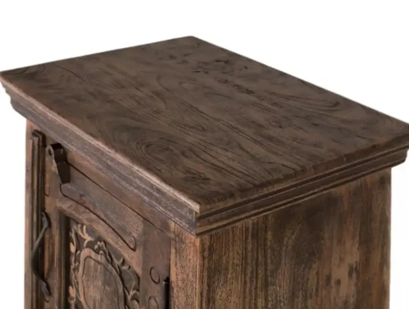 Mesita de noche rústica de madera maciza de mango con talla floral y puerta frontal – 66x55x40 cm-MOVIL (3)
