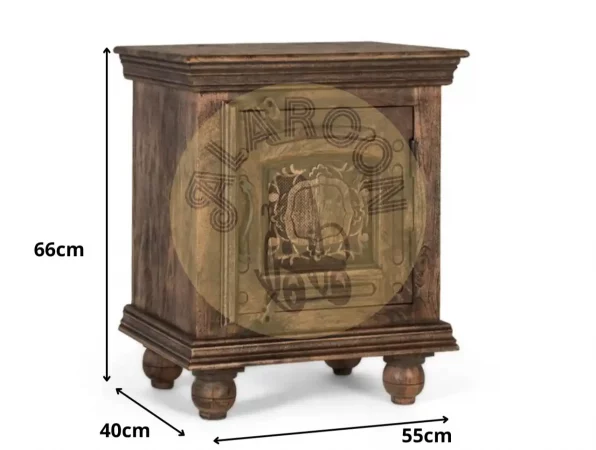 Mesita de noche rústica de madera maciza de mango con talla floral y puerta frontal – 66x55x40 cm-MOVIL (4)