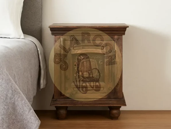 Mesita de noche rústica de madera maciza de mango con talla floral y puerta frontal – 66x55x40 cm-MOVIL (5)