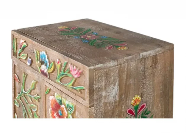 Mesita noche madera mango tallada y pintada a mano – Diseño floral artesanal multicolor con cajón funcional - 42x31x60 cm-PC (1)