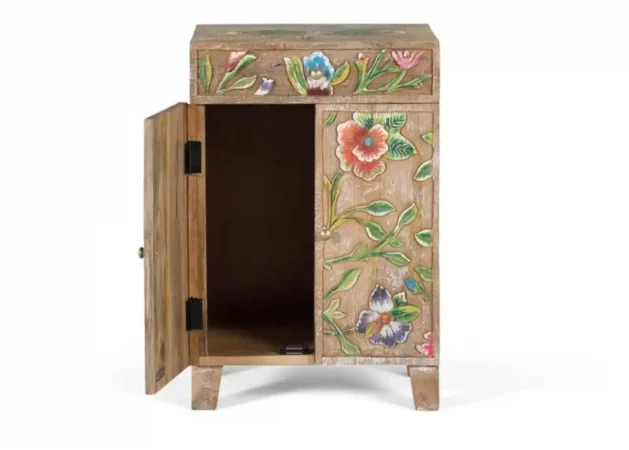 Mesita noche madera mango tallada y pintada a mano – Diseño floral artesanal multicolor con cajón funcional - 42x31x60 cm-PC (2)