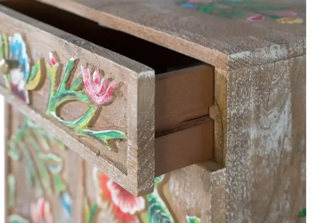 Mesita noche madera mango tallada y pintada a mano – Diseño floral artesanal multicolor con cajón funcional - 42x31x60 cm-PC (4)