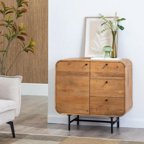 Mueble Auxiliar de Madera de Mango Natural Patas de Hierro 3 Cajones 1 Puerta - Ixia (2)