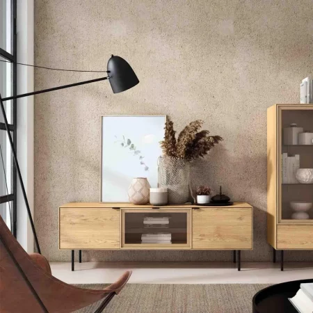 Mueble T.V Tulsa Chapa Roble 2 Puertas Madera + 1 Puerta Cristal Patas de Metal - Somcasa (9)