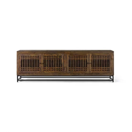 Mueble TV 4 Puertas Madera Acacia Base Metal con Estantes Interiores Colección Tailandia 200x45x66 Cm - Giner y Colomer (1)