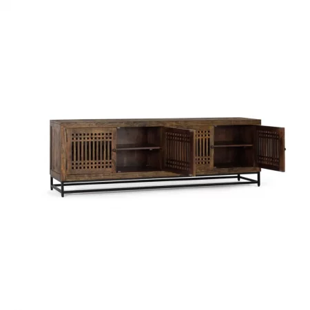 Mueble TV 4 Puertas Madera Acacia Base Metal con Estantes Interiores Colección Tailandia 200x45x66 Cm - Giner y Colomer (5)