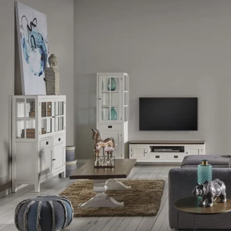 Mueble TV Blanco Madera Mindi 2 Cajones + 2 Puertas + 1 Hueco Colección Everest 150x40x50 Cm - Moycor (6)