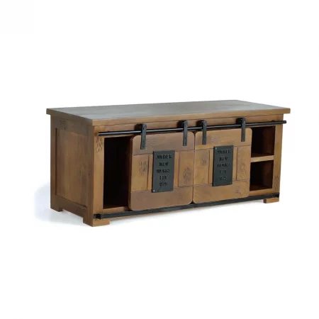Mueble TV Madera Acacia Estilo Industrial 2 Puertas Correderas + 1 Cajón Colección Júpiter 130x50x55 Cm - Giner y Colomer (4)