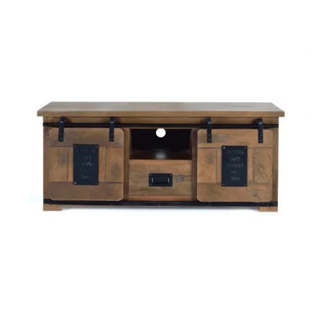 Mueble TV Madera Acacia Estilo Industrial 2 Puertas Correderas + 1 Cajón Colección Júpiter 130x50x55 Cm - Giner y Colomer (5)