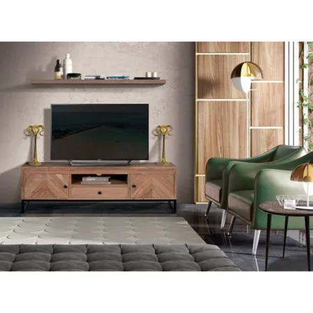 Mueble TV Madera Acacia Natural Patas Metal 2 Puertas + 1 Cajón 160x40x50 Cm - Giner y Colomer (7)