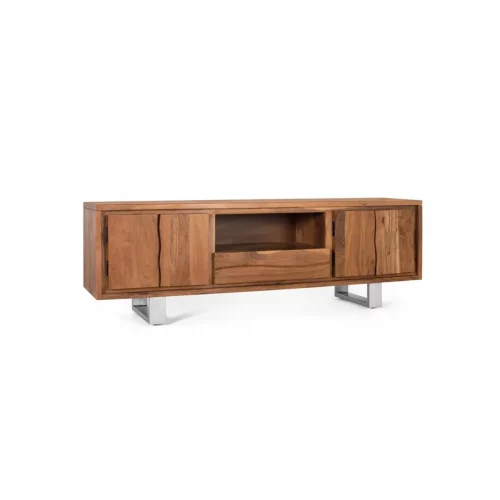 Mueble TV Madera Acacia Natural Patas Metálicas 4 Puertas + 1 Cajón Colección Contemporary 170x40x56 Cm - Giner y Colomer (2)