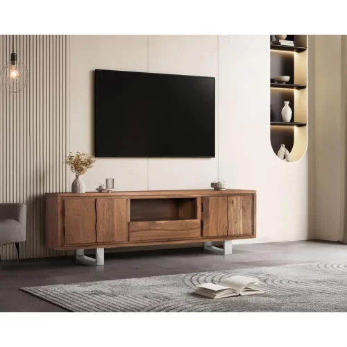 Mueble TV Madera Acacia Natural Patas Metálicas 4 Puertas + 1 Cajón Colección Contemporary 170x40x56 Cm - Giner y Colomer (3)