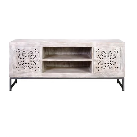 Mueble TV Madera Mango 2 Puerta + 1 Estante Base Metal Colección Mykonos 130x40x55 Cm - Giner y Colomer (1)