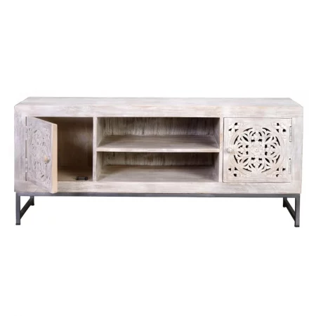 Mueble TV Madera Mango 2 Puerta + 1 Estante Base Metal Colección Mykonos 130x40x55 Cm - Giner y Colomer (3)