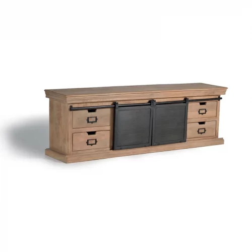 Mueble TV Madera Mango 4 Cajones + 2 Puertas Correderas Metal Colección Industrial 170x40x55 Cm - Giner y Colomer (2)
