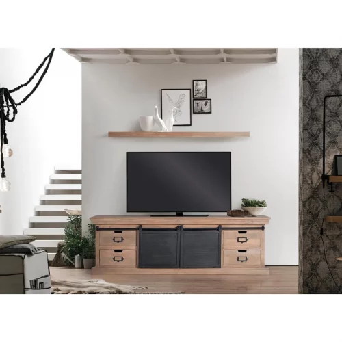 Mueble TV Madera Mango 4 Cajones + 2 Puertas Correderas Metal Colección Industrial 170x40x55 Cm - Giner y Colomer (4)