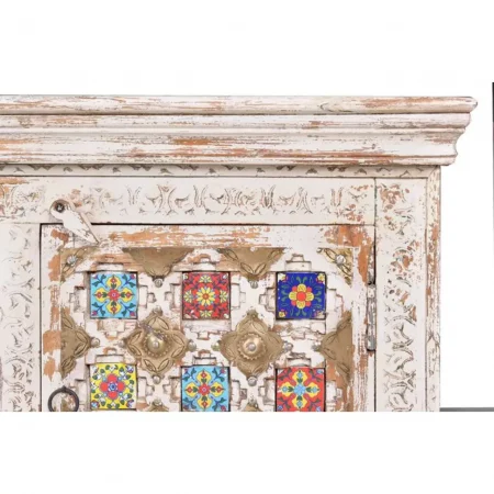 Mueble TV Madera Mango Blanco Decapado Detalles Azulejos y Bronce Colección Bakhra 150x40x60 Cm - Giner y Colomer (1)