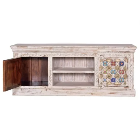 Mueble TV Madera Mango Blanco Decapado Detalles Azulejos y Bronce Colección Bakhra 150x40x60 Cm - Giner y Colomer (2)