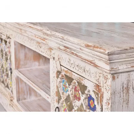 Mueble TV Madera Mango Blanco Decapado Detalles Azulejos y Bronce Colección Bakhra 150x40x60 Cm - Giner y Colomer (3)