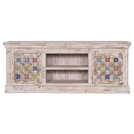 Mueble TV Madera Mango Blanco Decapado Detalles Azulejos y Bronce Colección Bakhra 150x40x60 Cm - Giner y Colomer (4)