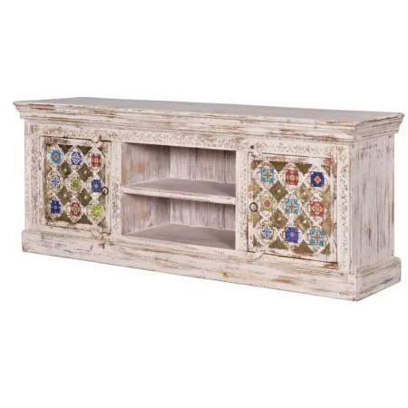 Mueble TV Madera Mango Blanco Decapado Detalles Azulejos y Bronce Colección Bakhra 150x40x60 Cm - Giner y Colomer (5)