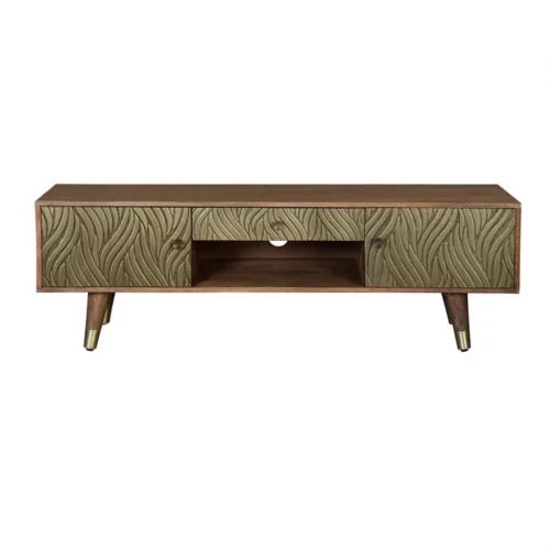 Mueble TV Madera Mango Cajones y Puerta Repujados Lámina Bronce 2 Puertas + 1 Cajón 140x40x46 Cm - Giner y Colomer (1)