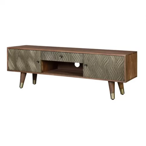 Mueble TV Madera Mango Cajones y Puerta Repujados Lámina Bronce 2 Puertas + 1 Cajón 140x40x46 Cm - Giner y Colomer (3)